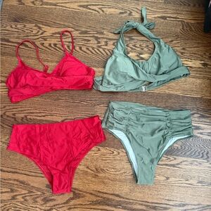 New 2 Women's Two Piece Bikini High Waisted Swim Bathing Suit  Red Green Medium